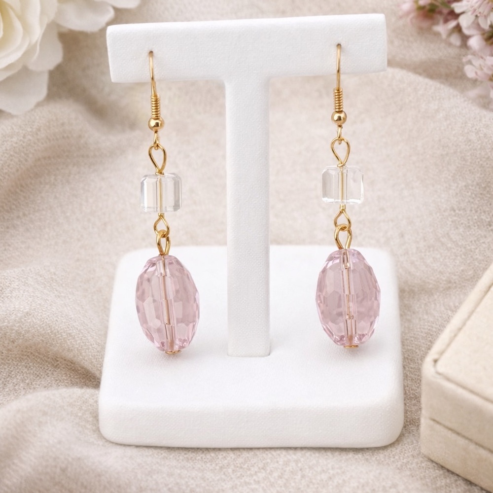 Pink Faceted Crystal Drop Earrings | Clear Accent Bead | 925 Silver Hooks